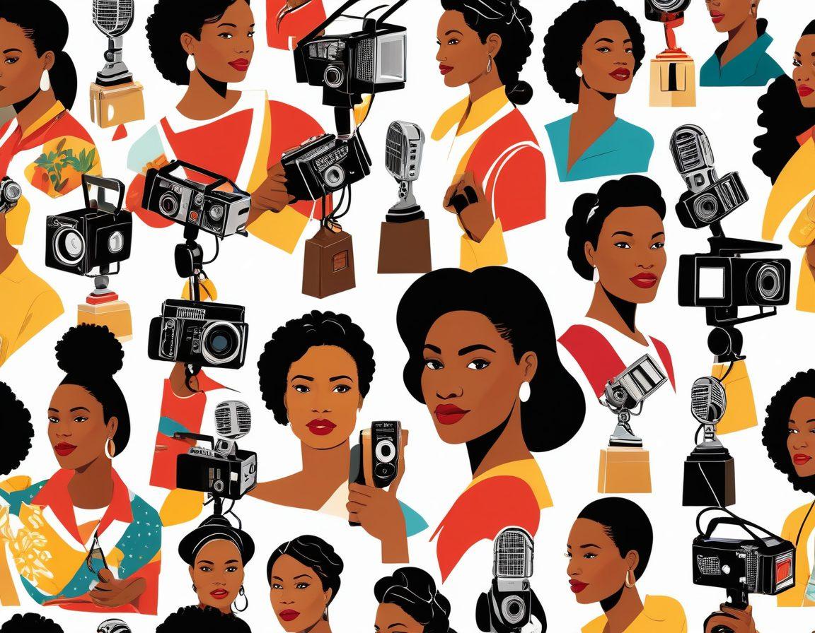 A dynamic collage showcasing empowered women of diverse backgrounds in cable television and media, each holding symbolic objects like cameras, microphones, and awards. The backdrop features iconic TV screens displaying female pioneers and trailblazers, with bold colors accentuating their achievements. The atmosphere is vibrant and uplifting, celebrating unity and strength among women. Vector art. vibrant colors. white background.