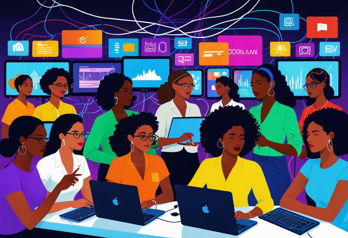 A vibrant illustration showcasing a diverse group of women of various ethnicities, collaborating on a media production set, surrounded by modern streaming technology like laptops and cameras. Include elements symbolizing the evolution of media, such as vintage cables transforming into digital screens. Infuse the scene with dynamic energy, highlighting creativity and empowerment. Art style: colorful vector art.
