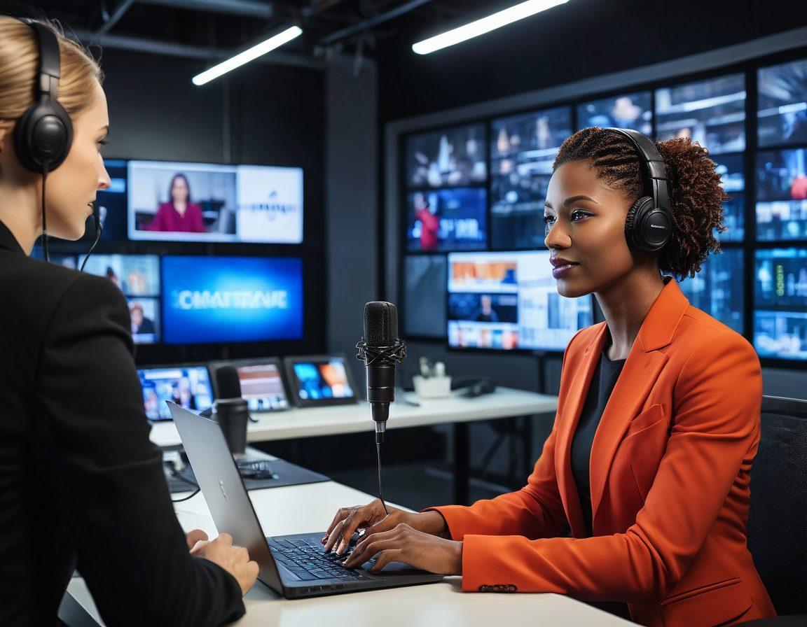 A dynamic scene showcasing diverse female professionals in broadcasting, including a confident woman interviewing a guest in a modern studio, another editing footage on a laptop, and a radio host on air. The background features broadcasting equipment and vibrant city lights visible through large windows, symbolizing growth and innovation. Include empowering quotes about female leadership in broadcasting. super-realistic. vibrant colors. modern design.